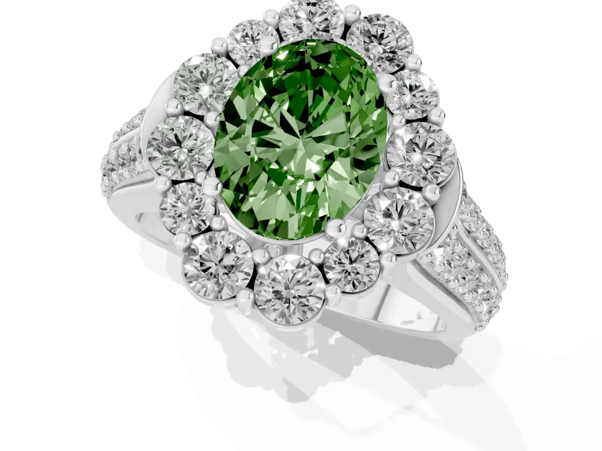 Fancy Green Oval Cut Halo Diamond Engagement Ring with Split Shank and Prong Setting Silver