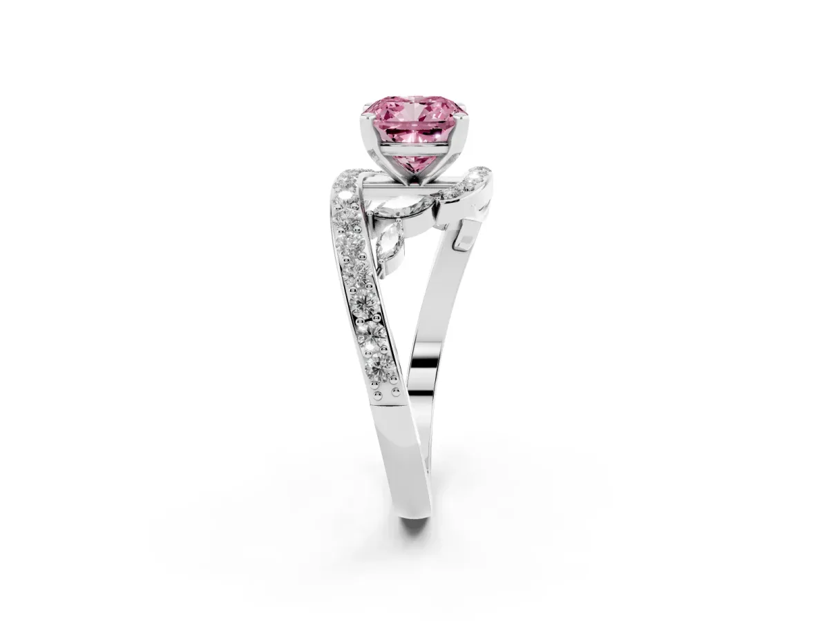 Fancy Pink Cushion Cut Solitaire with Pavé Twist Band and Four-Prong Setting Platinum