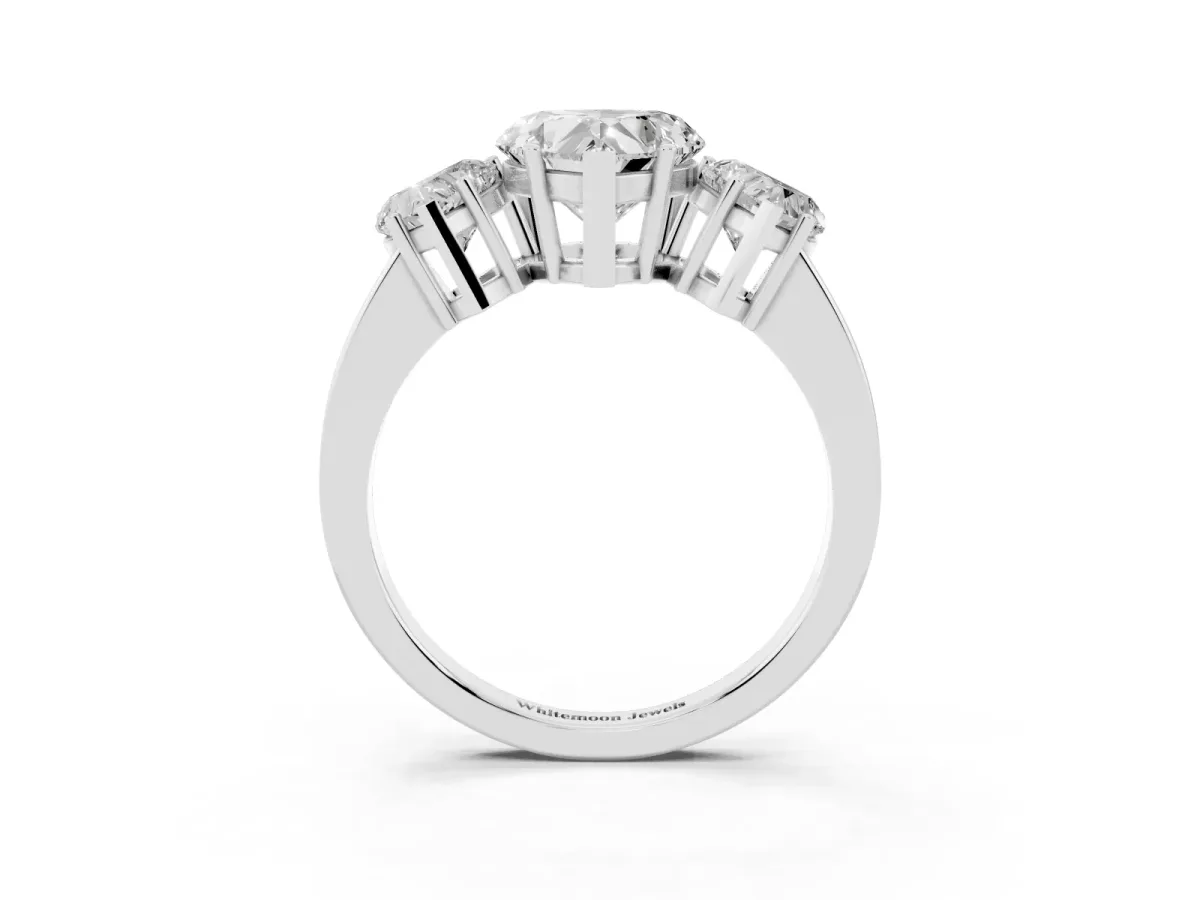 Three-Stone Heart Cut Cut Diamond Engagement Ring with Flat Band and Four-Prong Setting Silver
