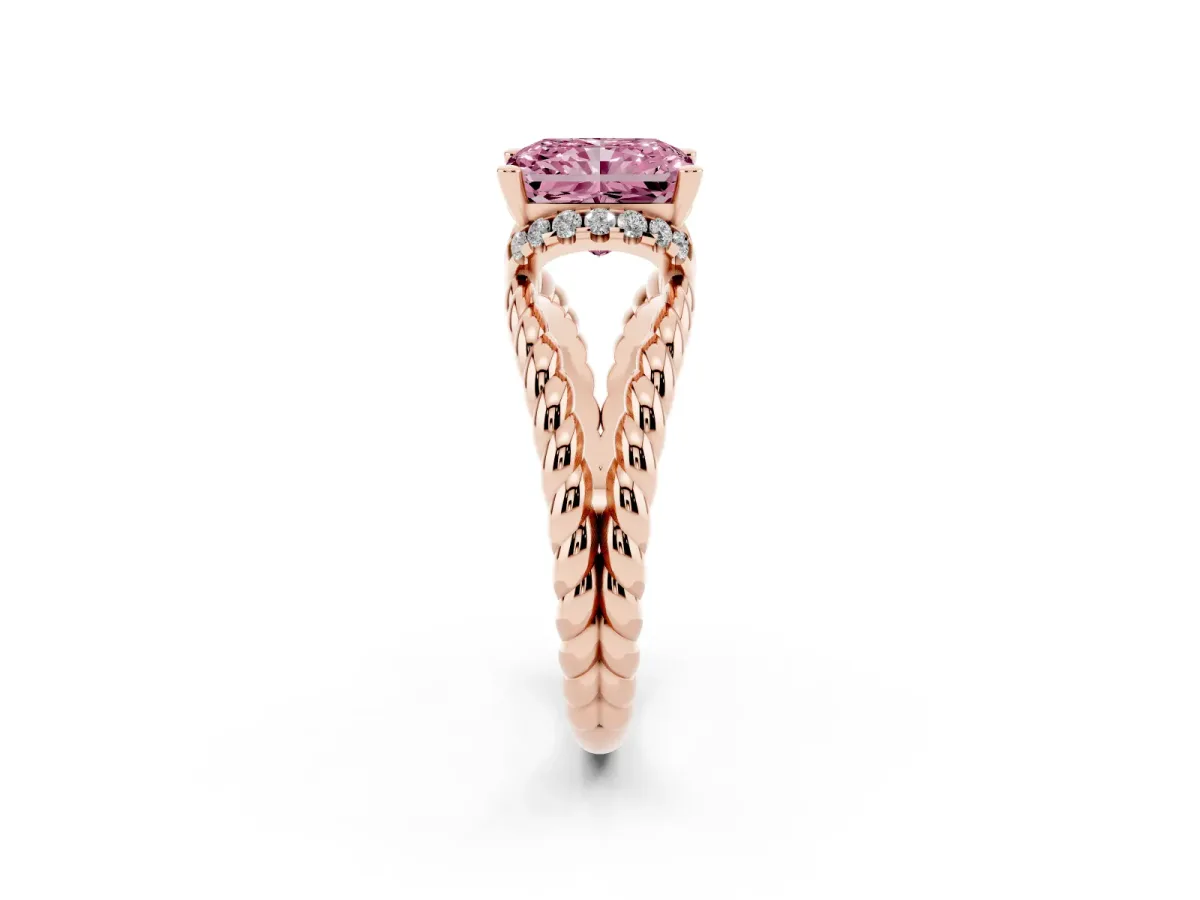 Fancy Pink Radiant Cut Halo Twisted Band Four-Prong Ring Rose gold