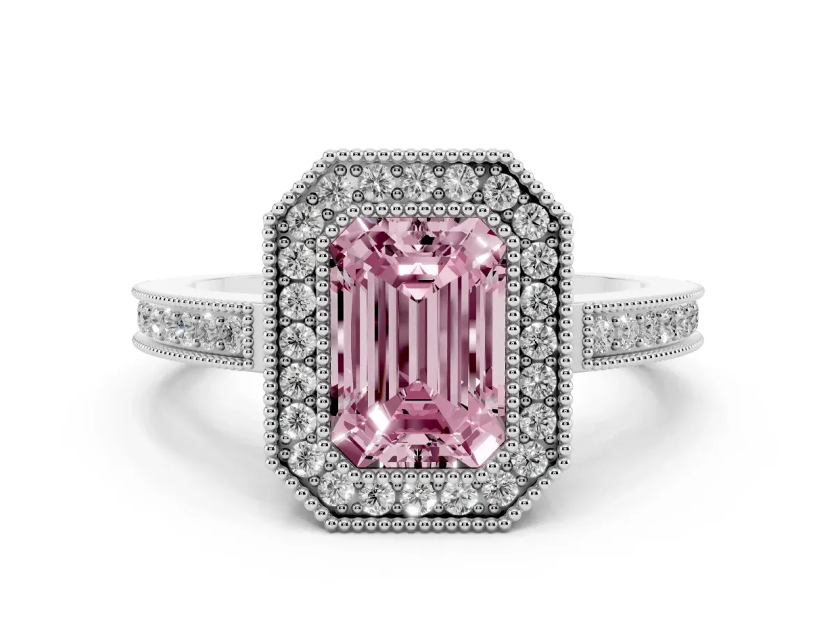 Fancy Pink Emerald Cut Cut Halo Diamond Ring with Pavé Band and Milgrain Prong Setting Silver