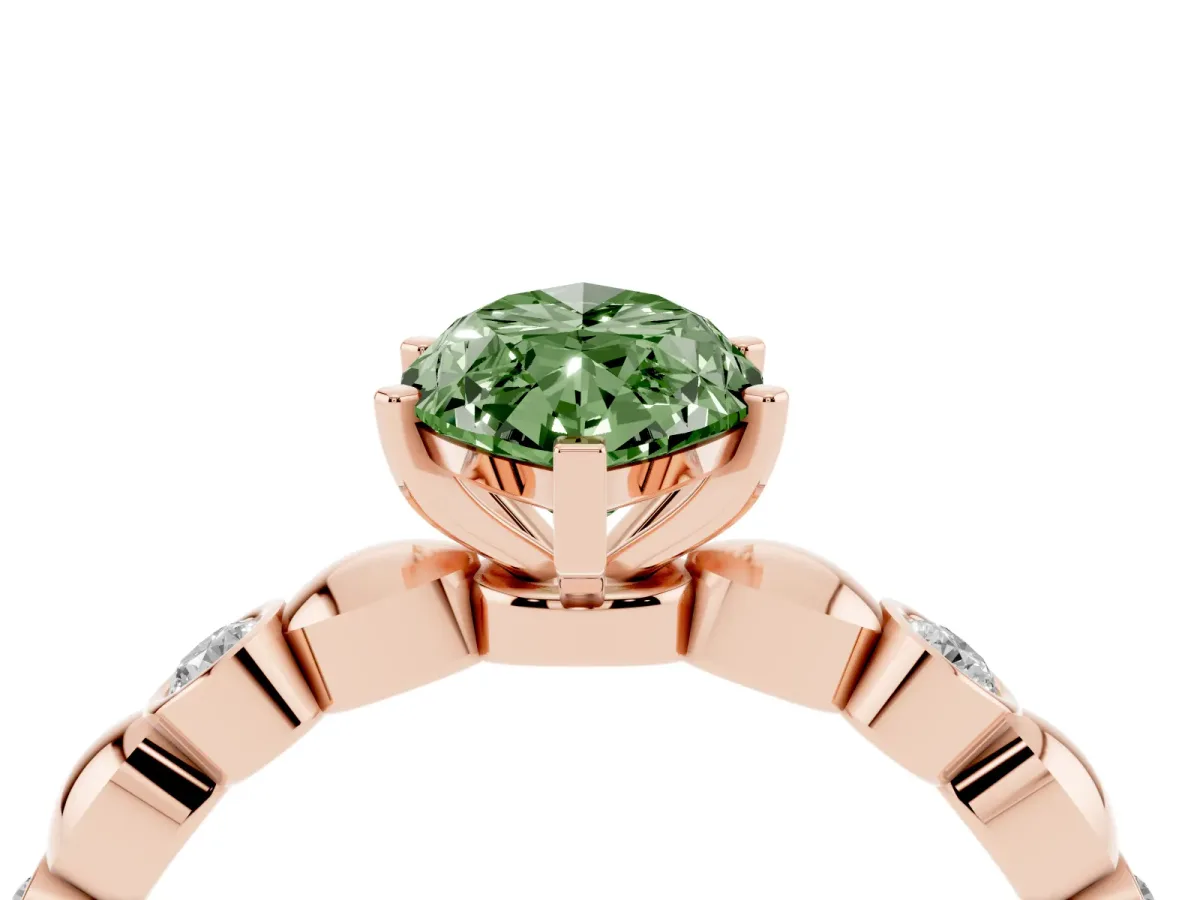 Fancy Green Marquise Cut Solitaire Bezel-Set Diamond Ring with Beaded Band and Four-Prong Setting Rose gold