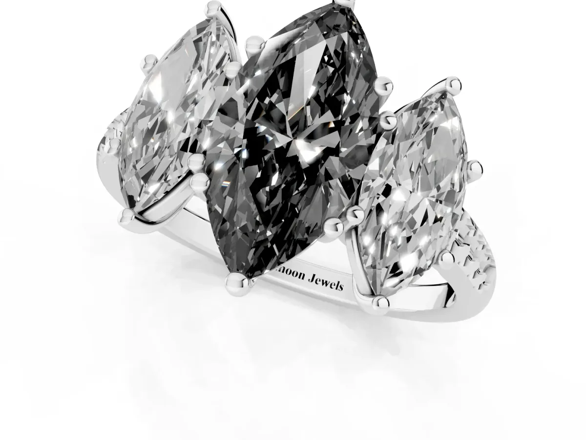 Fancy Black Three-Stone Marquise Cut Diamond Ring with Round Pavé Band and Prong Setting Silver