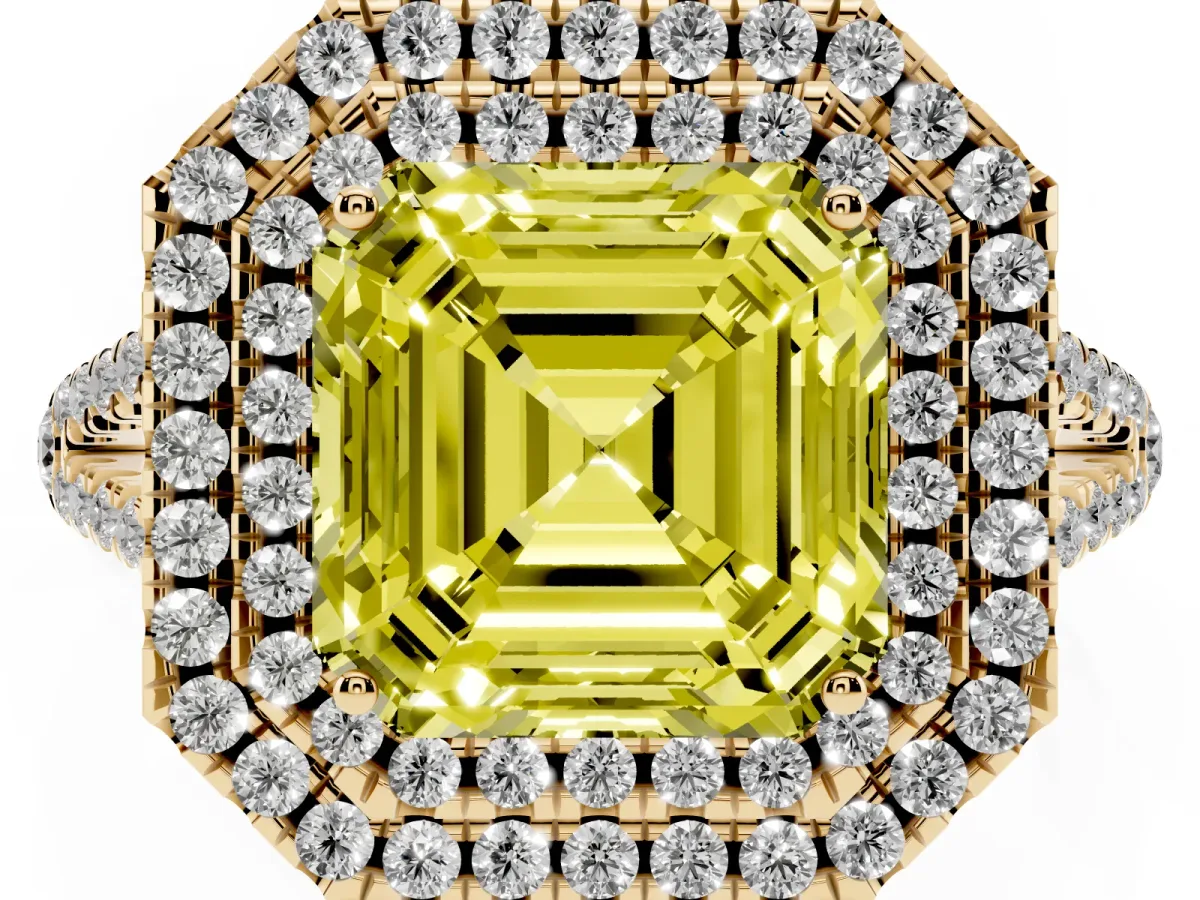 Fancy Yellow Asscher Cut Diamond Double Halo Ring with Pavé Band and Prong Setting Yellow gold