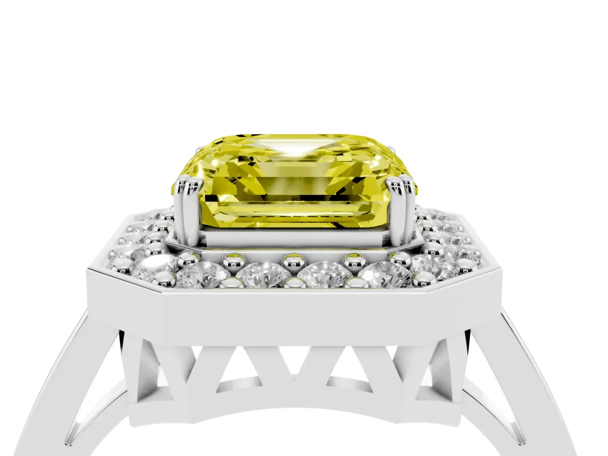 Fancy Yellow Asscher Cut Diamond Halo Ring with Split Shank and Four-Prong Setting Silver