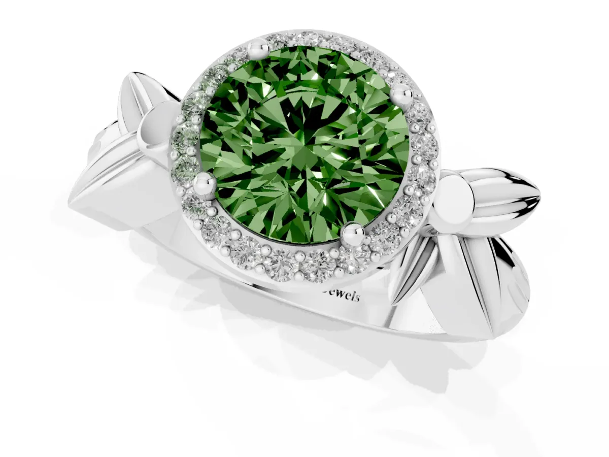 Fancy Green Round Cut Halo Diamond Floral Band with Four-Prong Setting Platinum