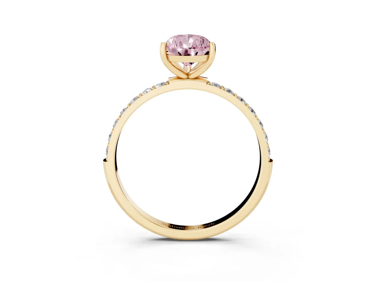 Fancy Pink Pear Cut Diamond Solitaire Ring with Round Pavé Shoulders and Prong Setting Yellow gold