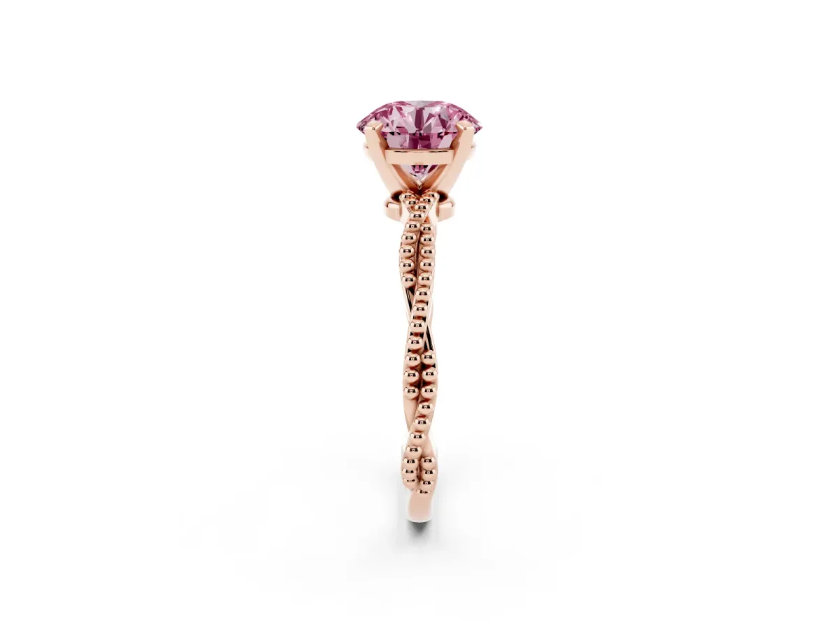 Fancy Pink Round Cut Solitaire Twisted Band with Bead Prong Setting Rose gold