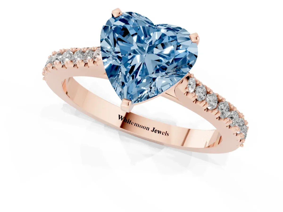 Fancy Blue Heart Cut Cut Solitaire Diamond Engagement Ring with Pave Band and Four-Prong Setting Rose gold