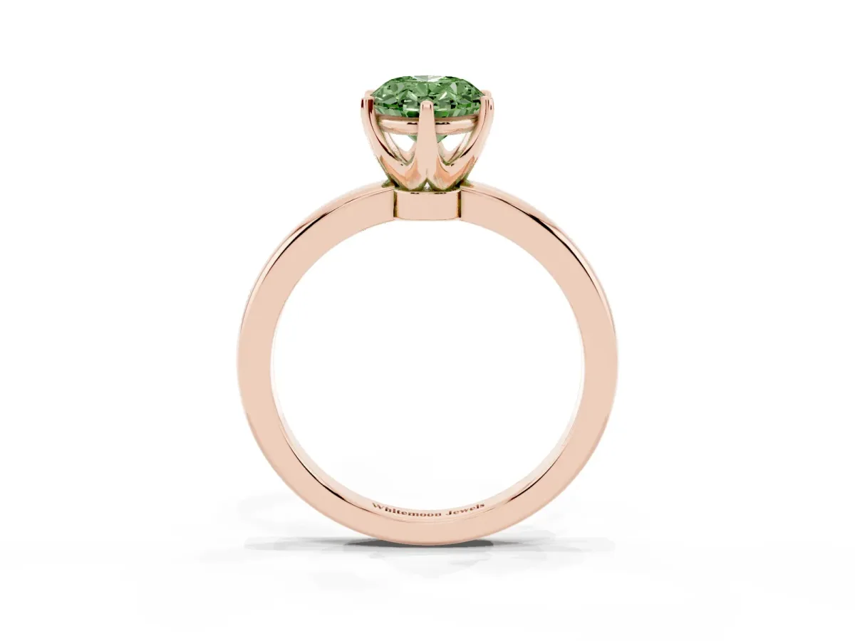 Fancy Green Oval Cut Solitaire Diamond Ring with Six-Prong Setting on a Classic Band Rose gold