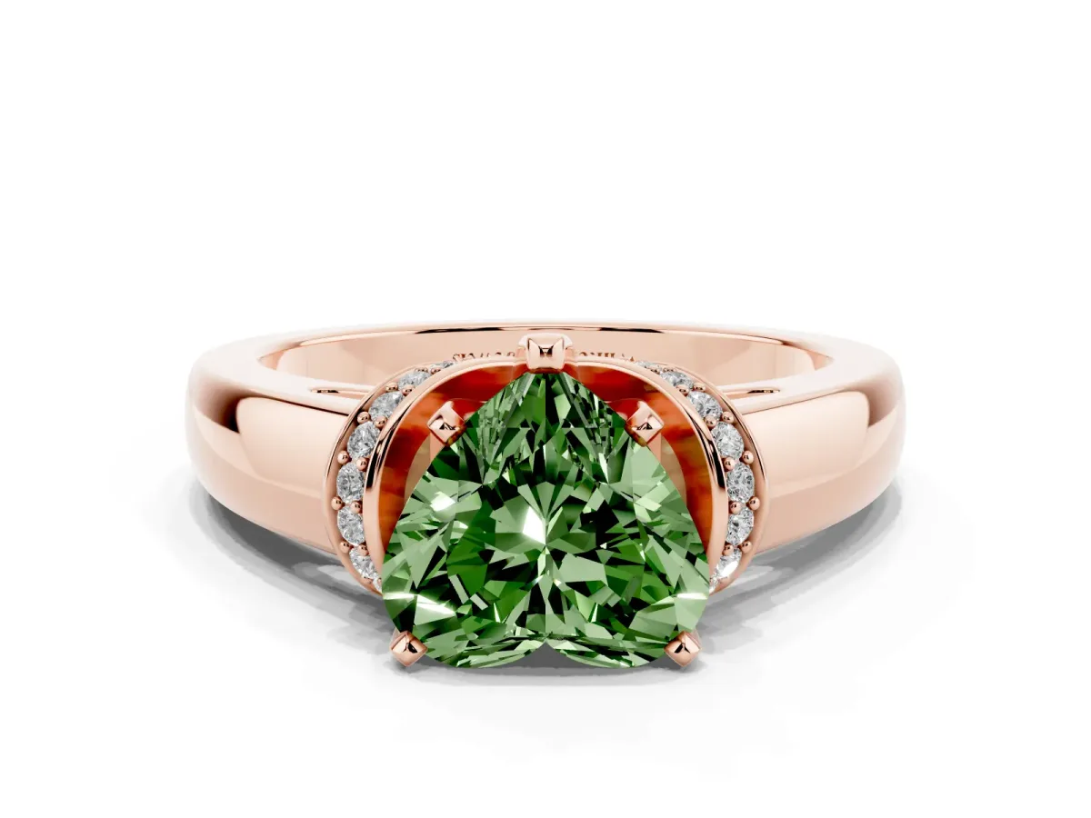 Fancy Green Heart Cut Solitaire Diamond Ring with Pave Band and Six-Prong Setting Rose gold
