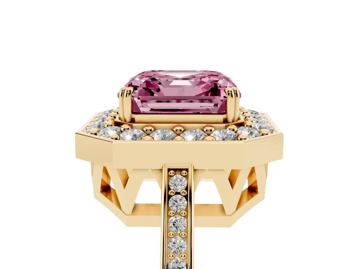 Fancy Pink Asscher Cut Diamond Halo Ring with Split Shank and Four-Prong Setting Yellow gold