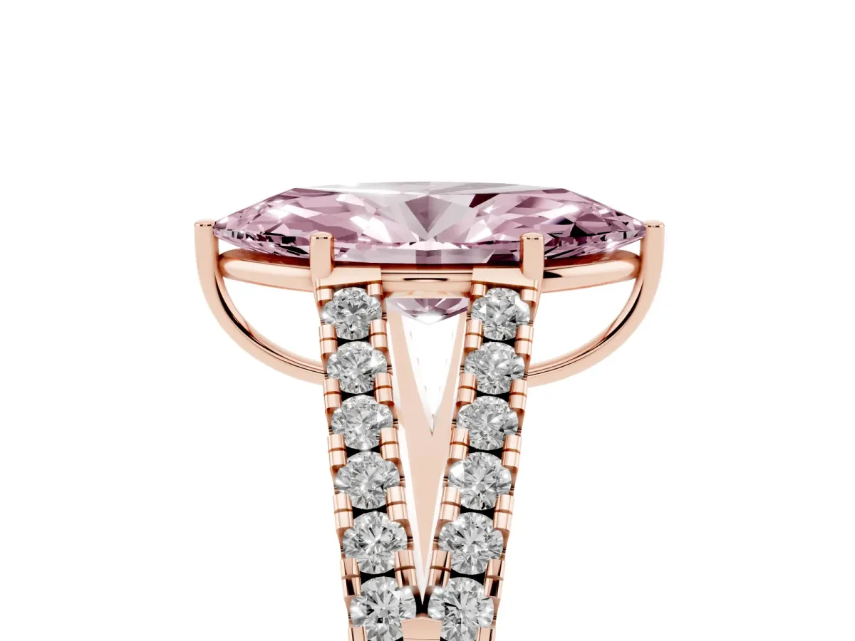 Fancy Pink Marquise Cut Diamond Split Shank Pavé Engagement Ring with Four-Prong Setting Rose gold