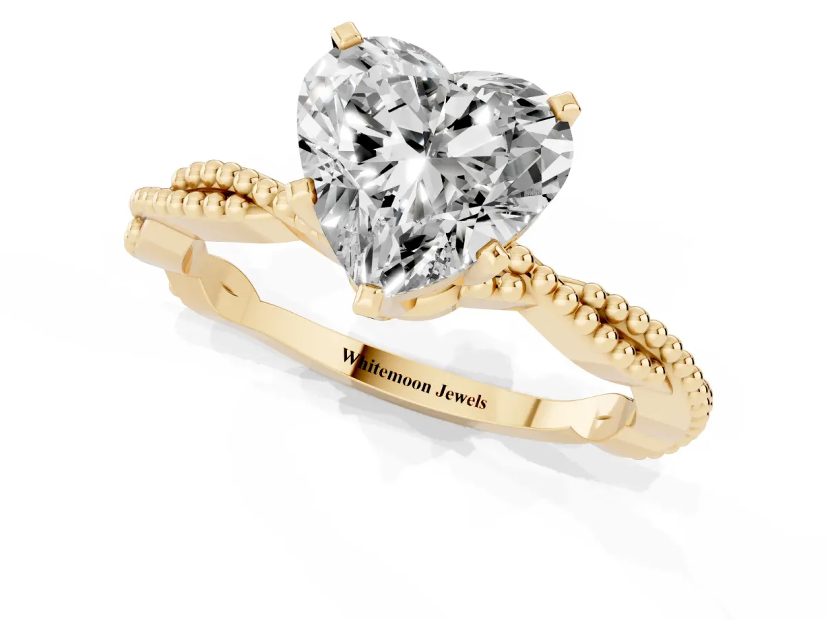 Heart Cut Solitaire Twisted Band with Bead Prong Setting Yellow gold