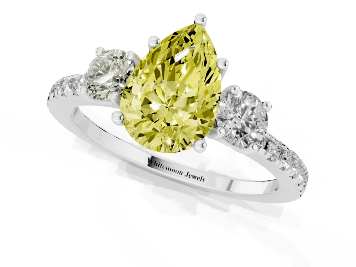 Fancy Yellow Three-Stone Pear Cut Cut Diamond Pavé Band with Prong Setting Silver