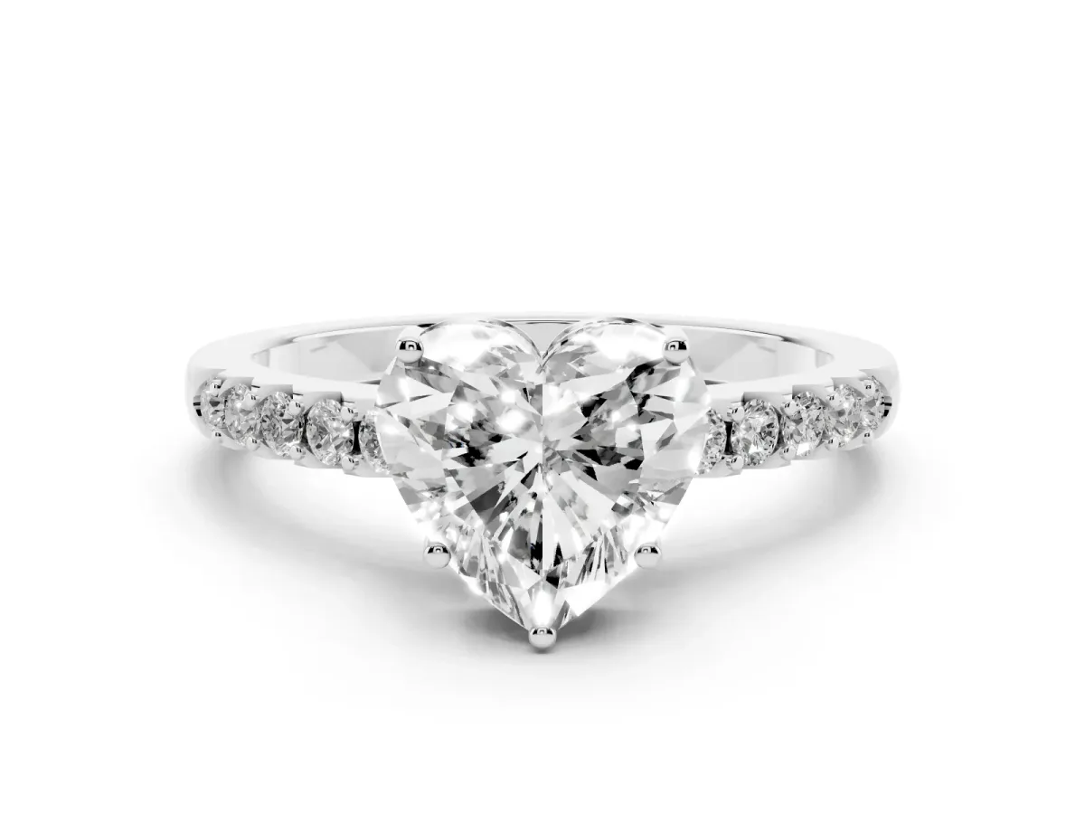 Heart Cut Solitaire Diamond Engagement Ring with Pavé Band and Six-Prong Setting Platinum