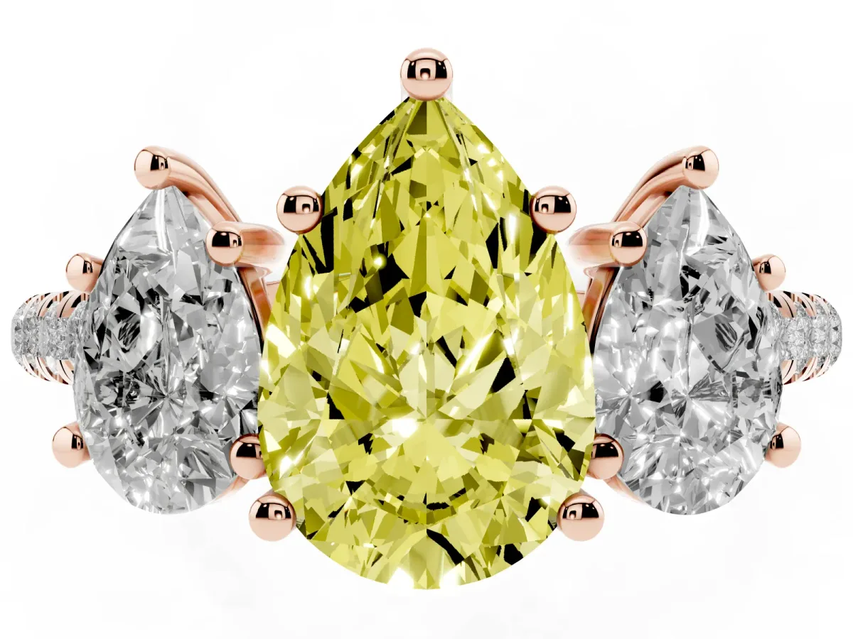 Fancy Yellow Three-Stone Pear Cut Diamond Ring with Round Pavé Band and Prong Setting Rose gold