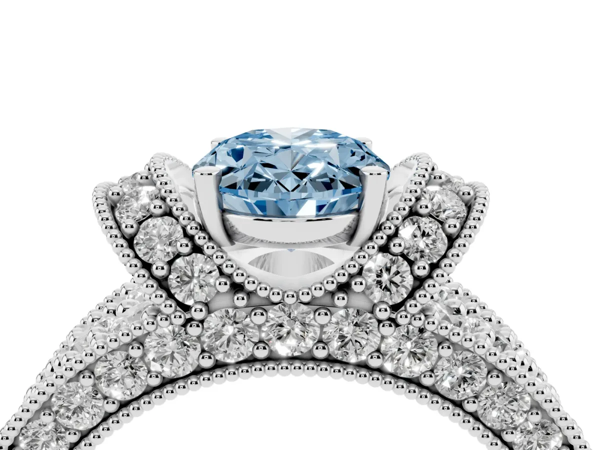 Fancy Blue Oval Cut Halo Pave Diamond Engagement Ring with Milgrain Detailing White gold