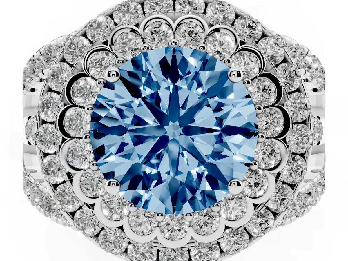 Fancy Blue Round Cut Diamond Double Halo Ring with Round Pavé Split Shank and Prong Setting Silver