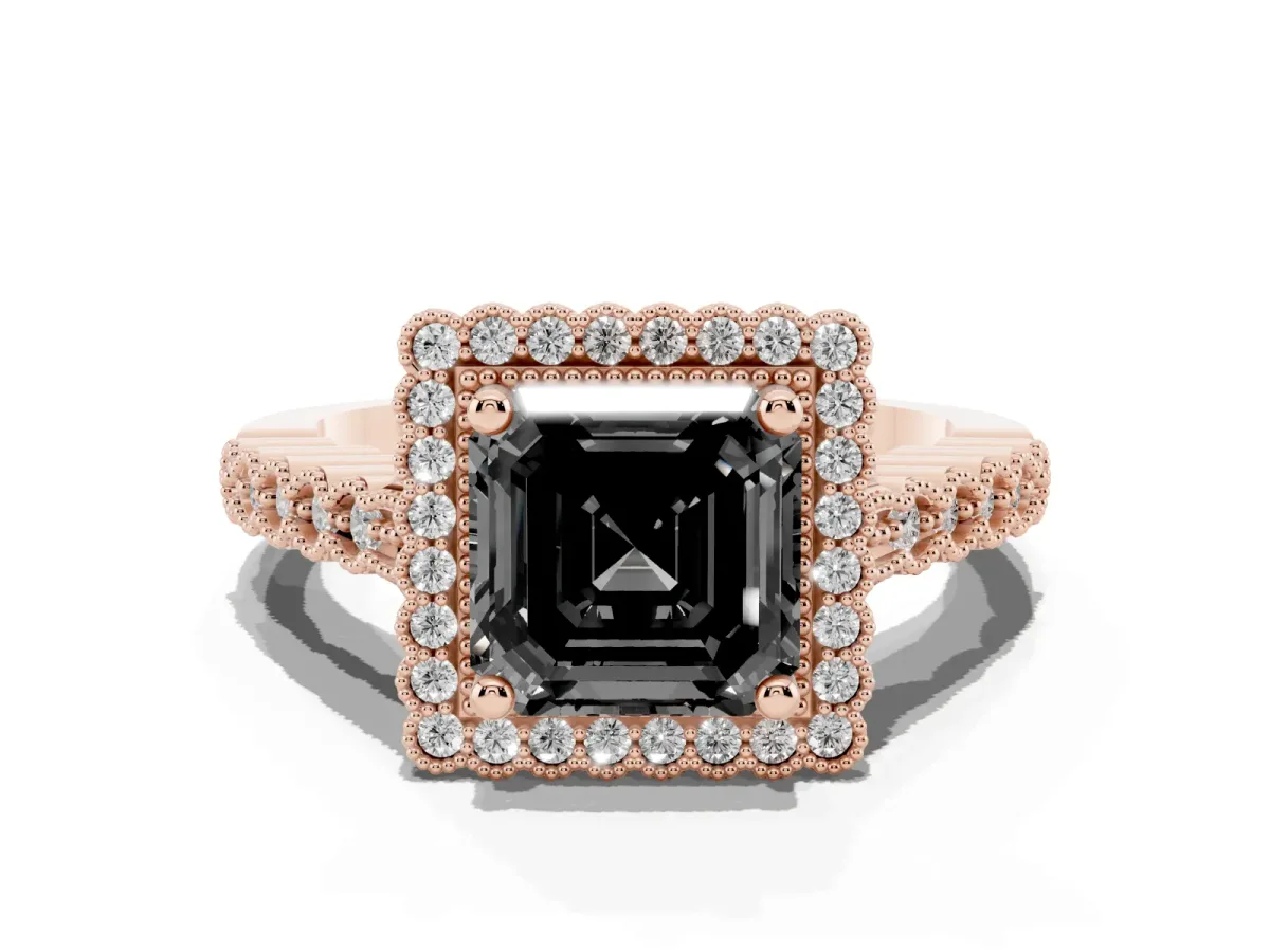 Fancy Black Asscher Cut Cut Halo Pavé Solitaire Ring with Milgrain Band Rose gold