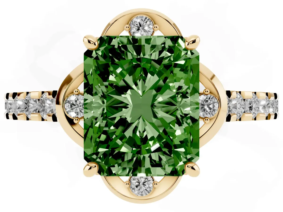 Fancy Green Radiant Cut Diamond Ring with Pavé Band and Floral Prong Setting Yellow gold