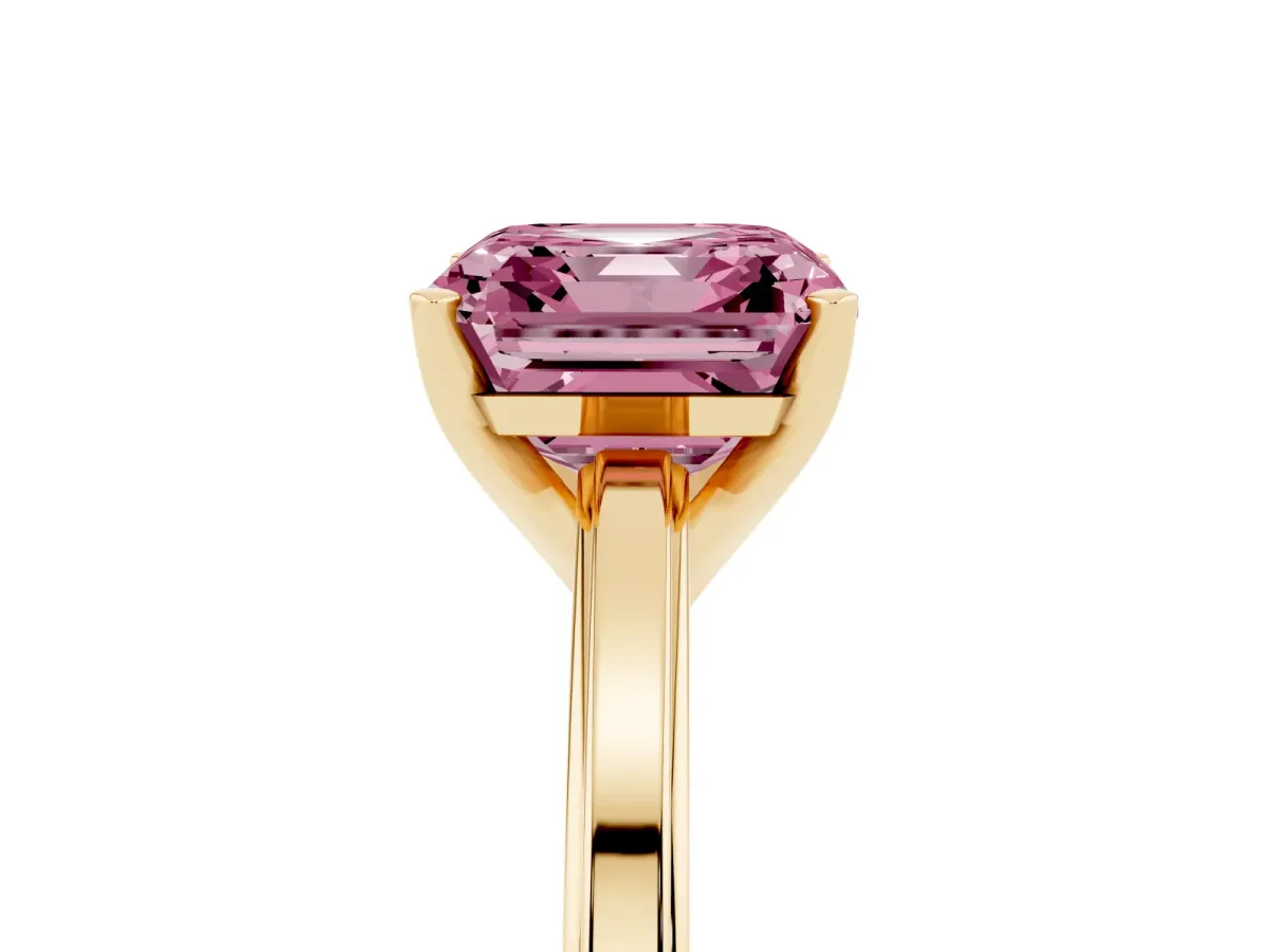 Fancy Pink Asscher Cut Solitaire Diamond Ring with Four-Prong Setting and Classic Band Yellow gold