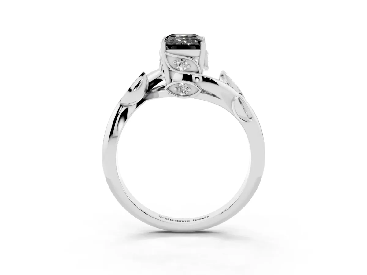 Fancy Black Emerald Cut Solitaire Twist Engagement Ring with Leaf Accents and Prong Setting Silver