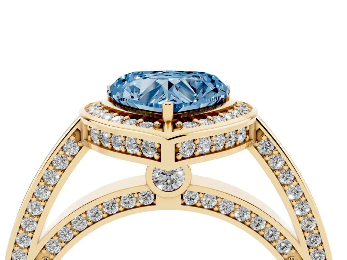 Fancy Blue Heart Cut Cut Halo Pave Split Shank Prong Setting Ring Yellow gold