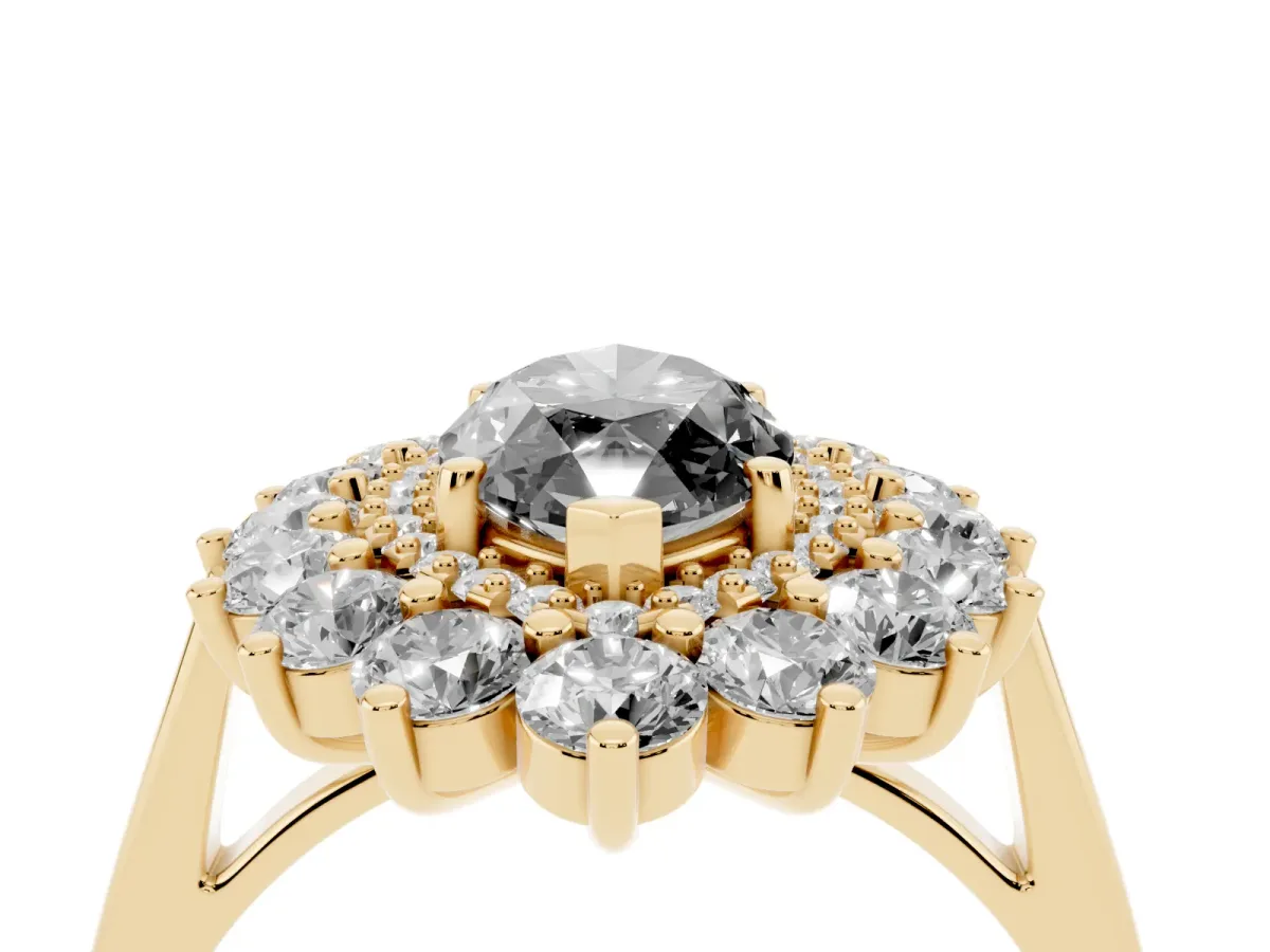 Fancy Black Marquise Cut Diamond Floral Double Halo Engagement Ring with Prong Setting Yellow gold