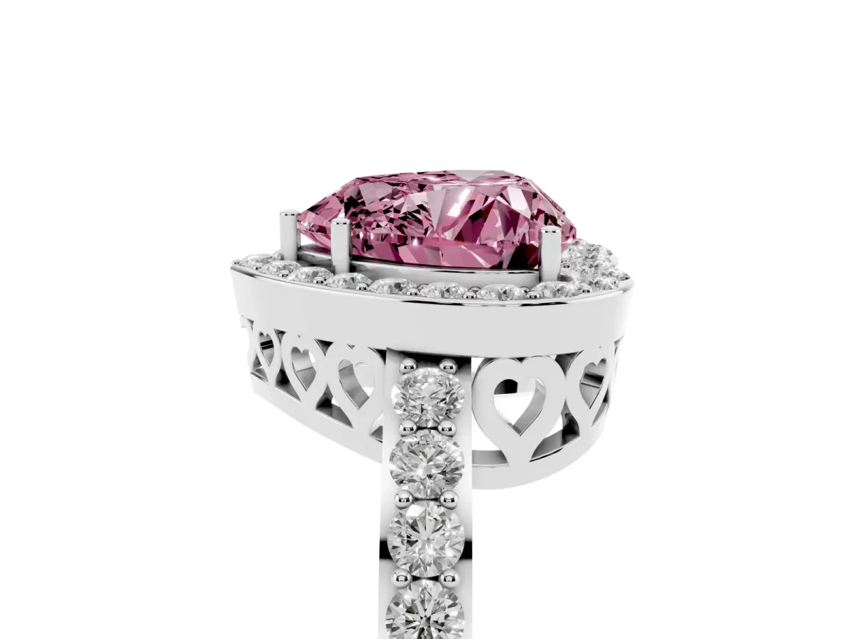 Fancy Pink Heart Cut Halo Diamond Pavé Band Ring with Prong Setting Silver