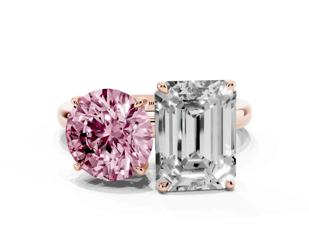 Fancy Pink Round Cut and Emerald Cut Toi Moi Ring with Prong Setting Rose gold
