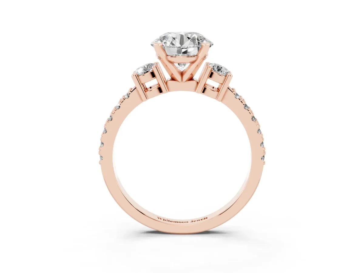 Round Cut Three-Stone Diamond Pavé Band with Prong Setting Rose gold