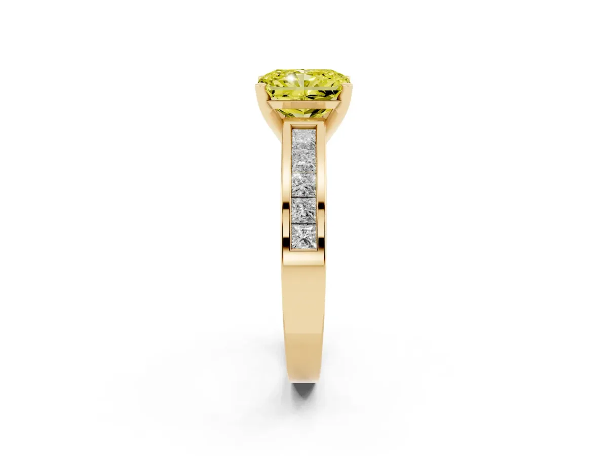 Fancy Yellow Radiant Cut Solitaire Diamond Ring with Channel-Set Band and Four-Prong Setting Yellow gold