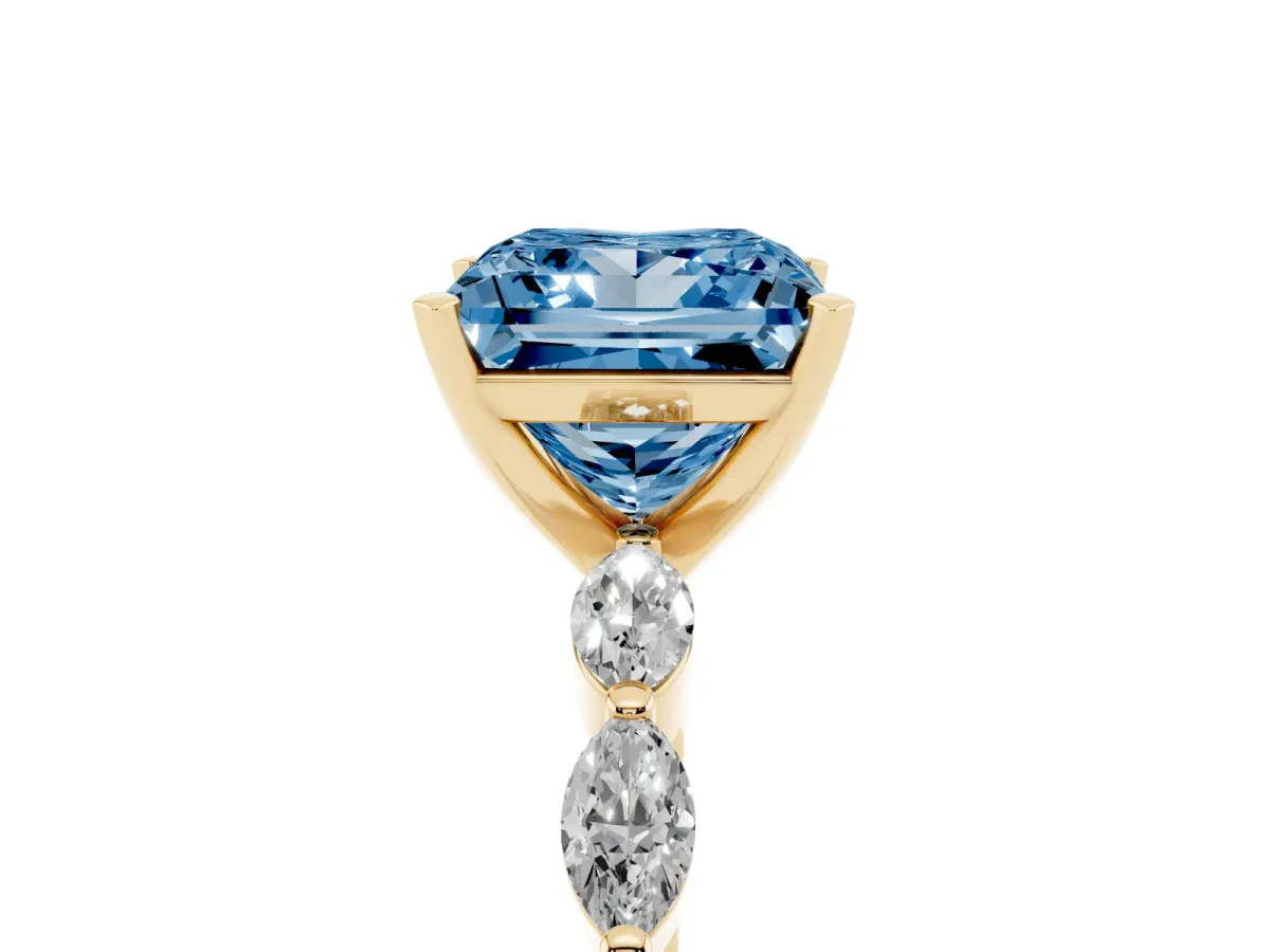 Fancy Blue Princess Cut Diamond Ring with Marquise Side Stones and Prong Setting Yellow gold