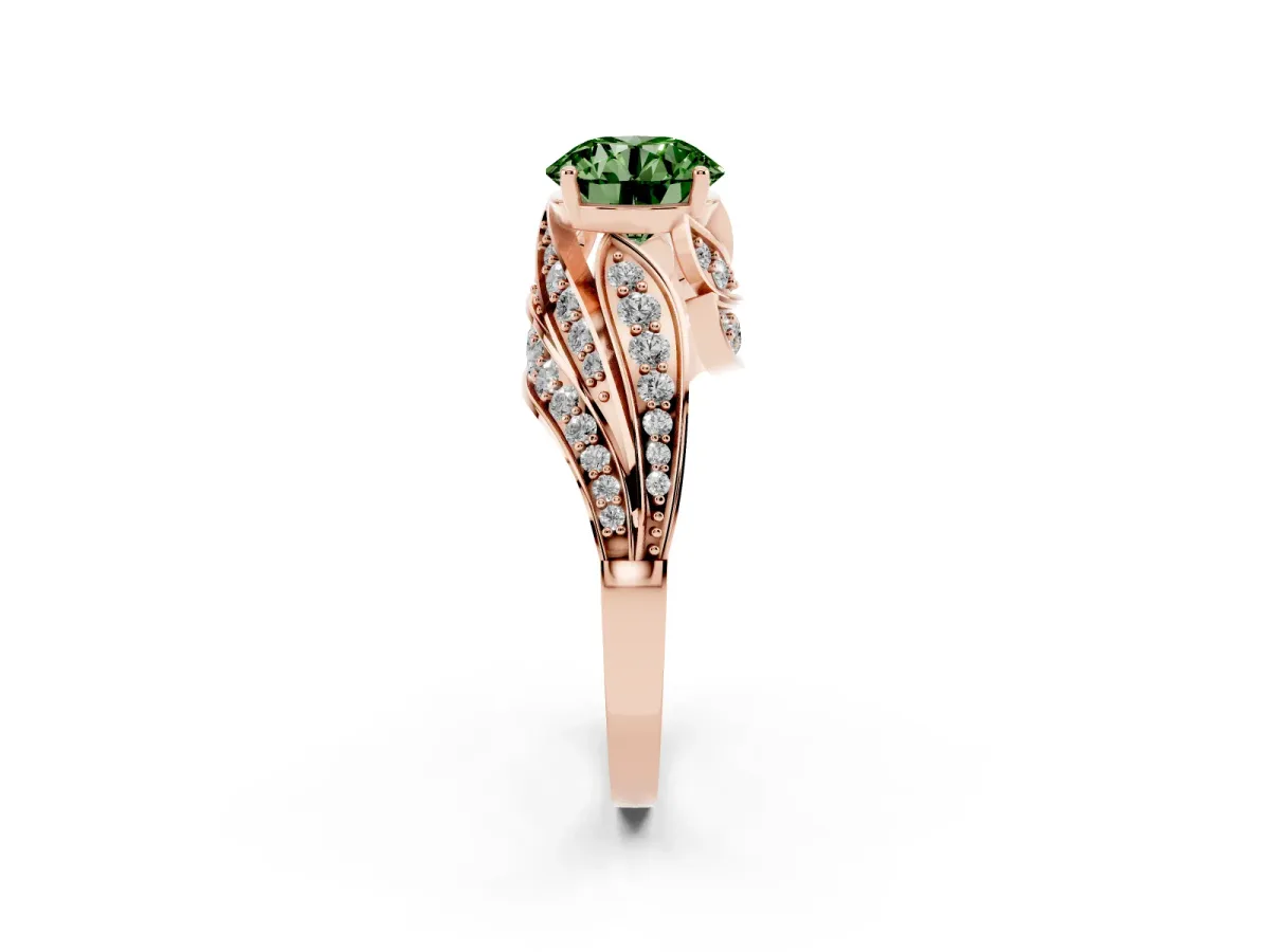 Fancy Green Round Cut Diamond Solitaire Ring with Prong Setting and Twisted Pavé Band Rose gold