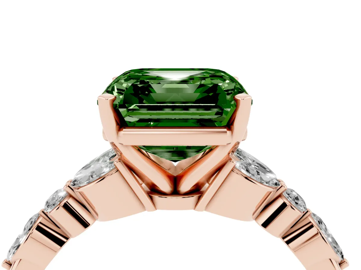 Fancy Green Asscher Cut Diamond Solitaire Ring with Side Stones and Four-Prong Setting Rose gold