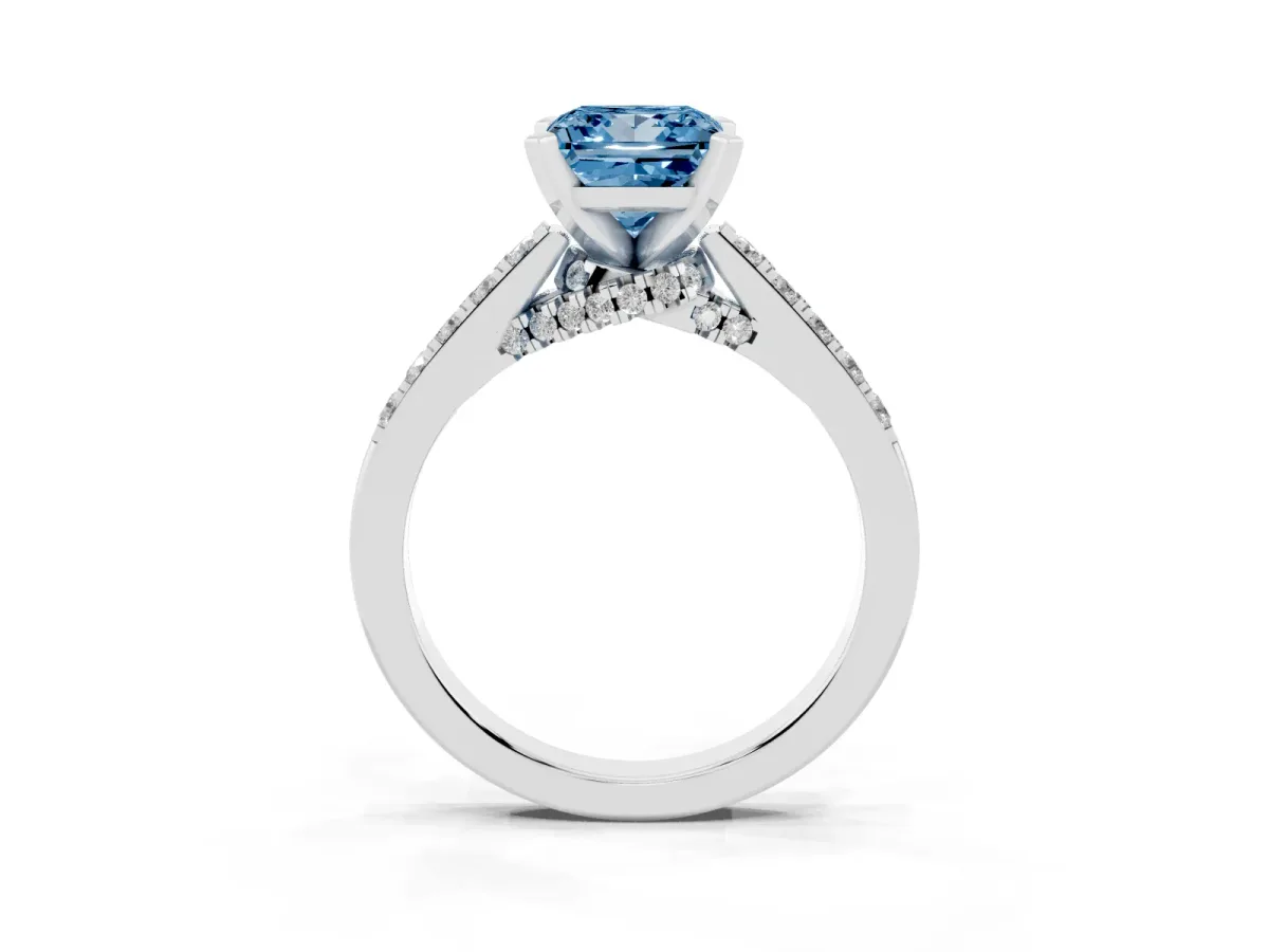 Fancy Blue Princess Cut Diamond Solitaire Ring with Crossover Gallery and Round Pavé Band Platinum