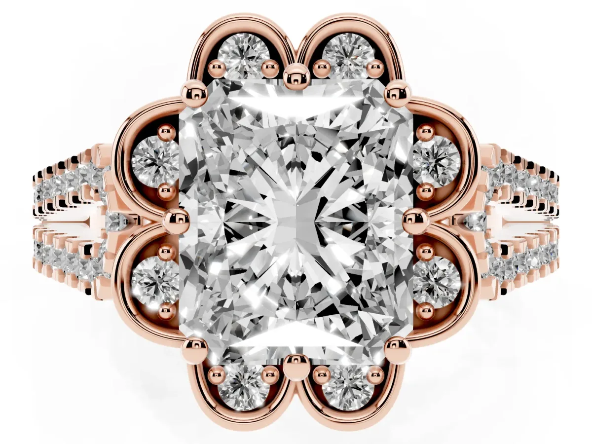 Radiant Cut Halo Diamond Floral Split Shank Engagement Ring Rose gold