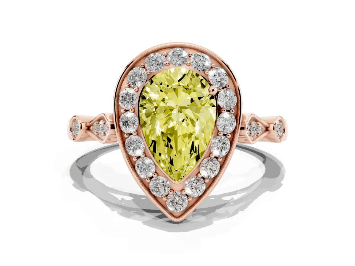 Fancy Yellow Pear Cut Halo Diamond Engagement Ring with Twisted Band and Four-Prong Setting Rose gold