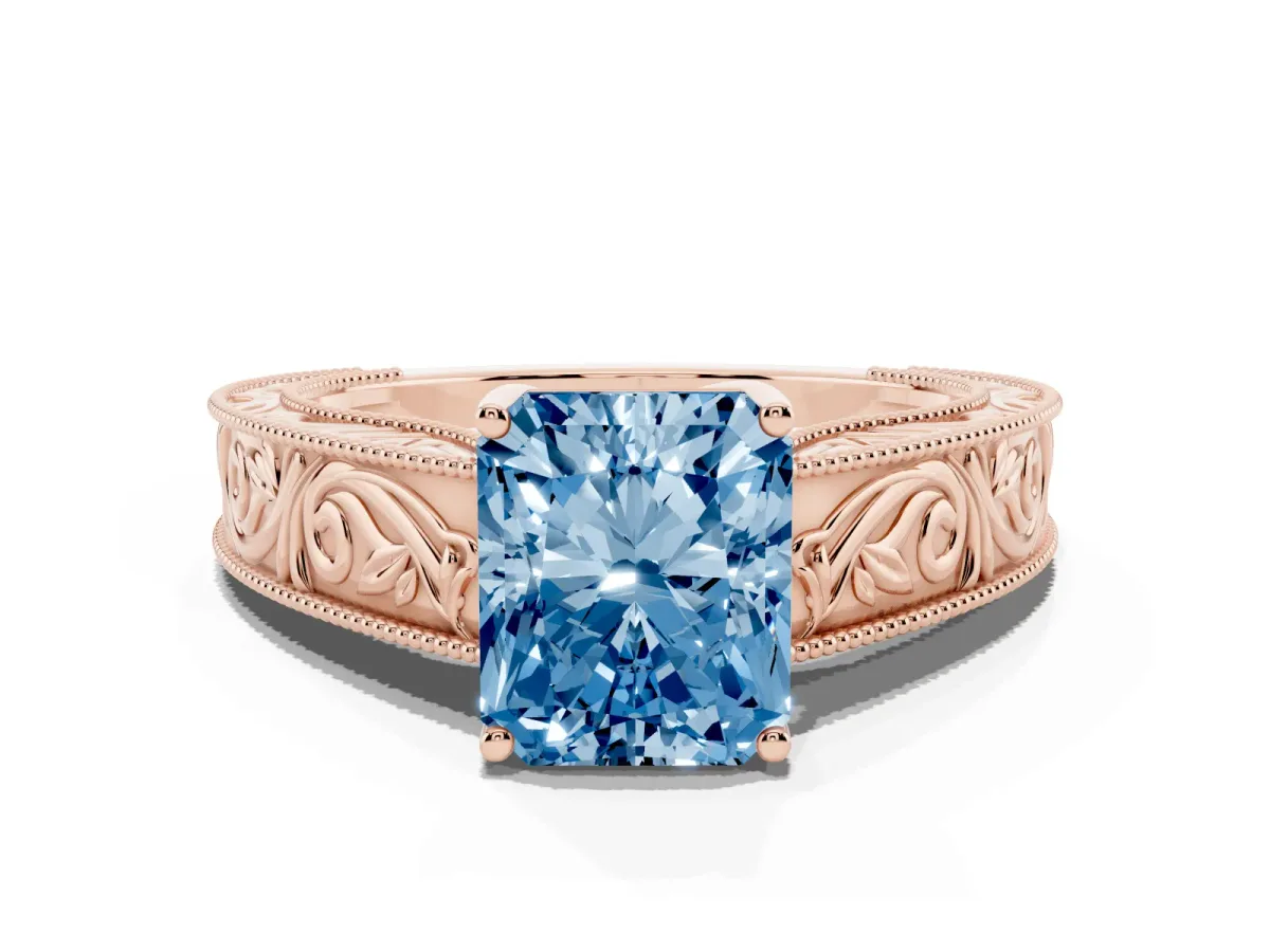 Fancy Blue Radiant Cut Diamond Solitaire Ring with Engraved Band and Four-Prong Setting Rose gold