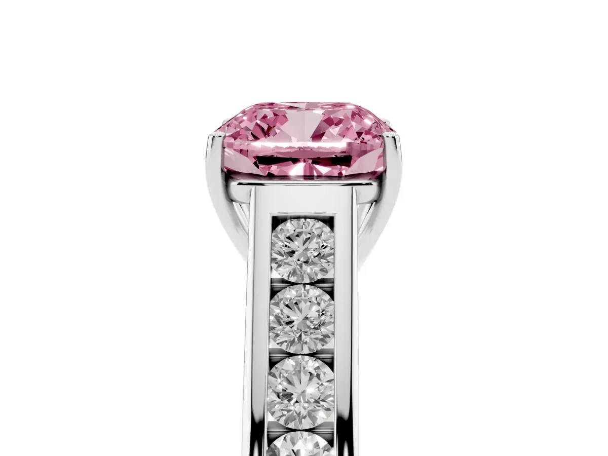 Fancy Pink Cushion Cut Brilliant Channel-Set Solitaire Ring with Four-Prong Setting Silver