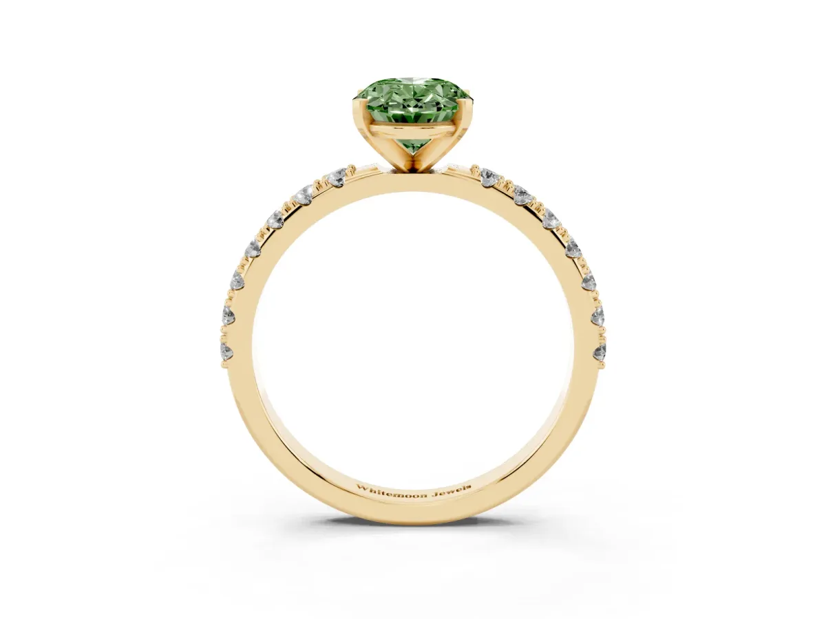 Fancy Green Oval Cut Diamond Solitaire Pavé Band with Four-Prong Setting Yellow gold