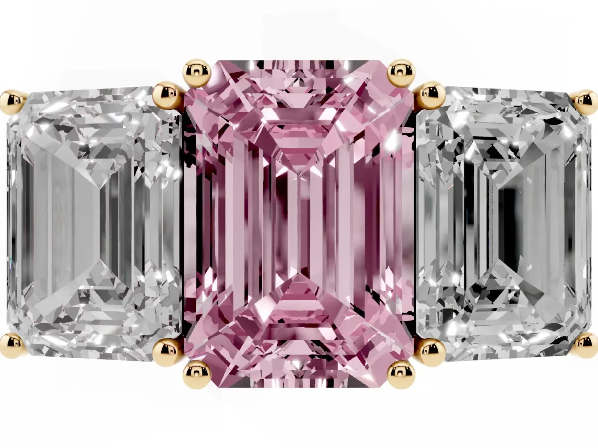 Fancy Pink Emerald Cut Diamond Three-Stone Ring with Prong Setting and Textured Band Yellow gold