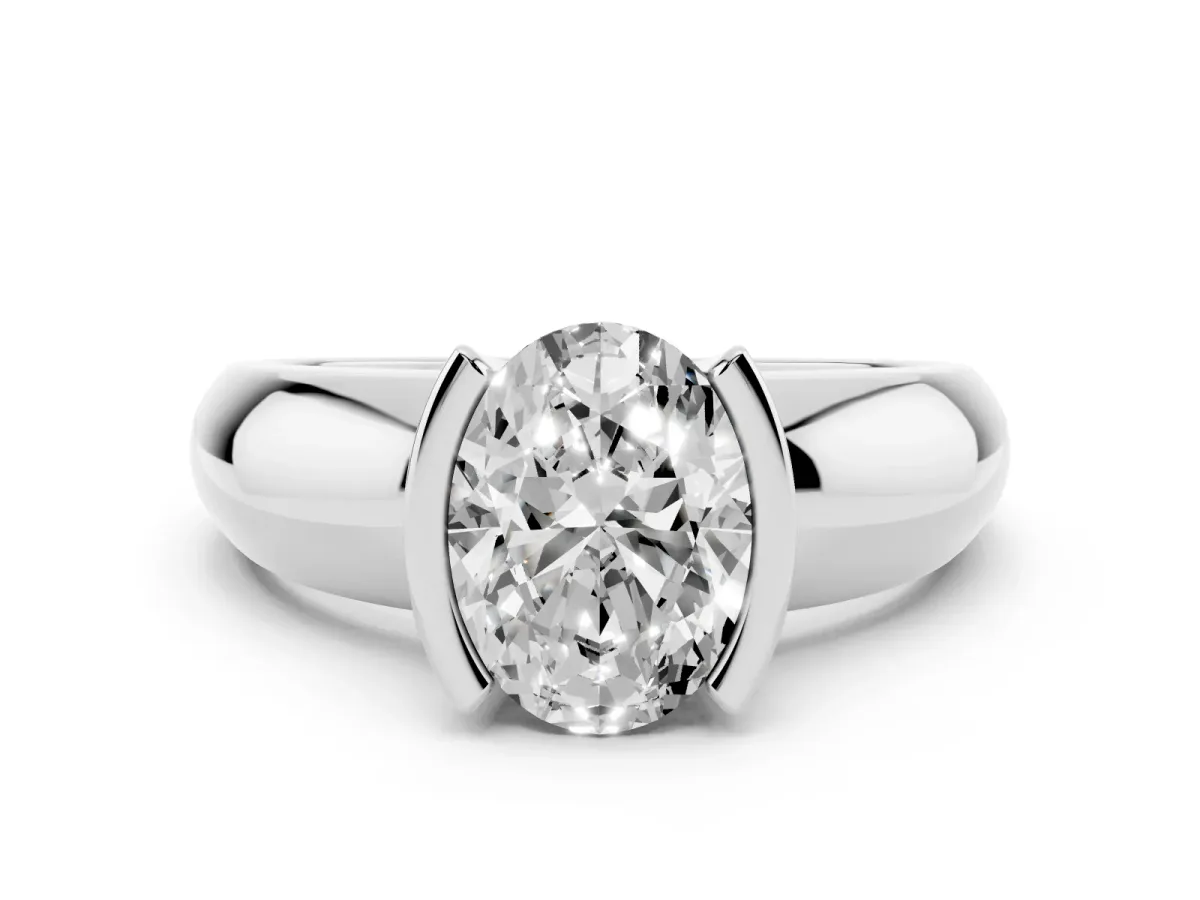 Oval Cut Solitaire Tension Set Diamond Ring with Wide Band Platinum