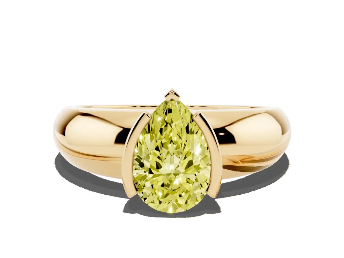 Fancy Yellow Pear Cut Solitaire Tension Set Diamond Ring with Wide Band Yellow gold
