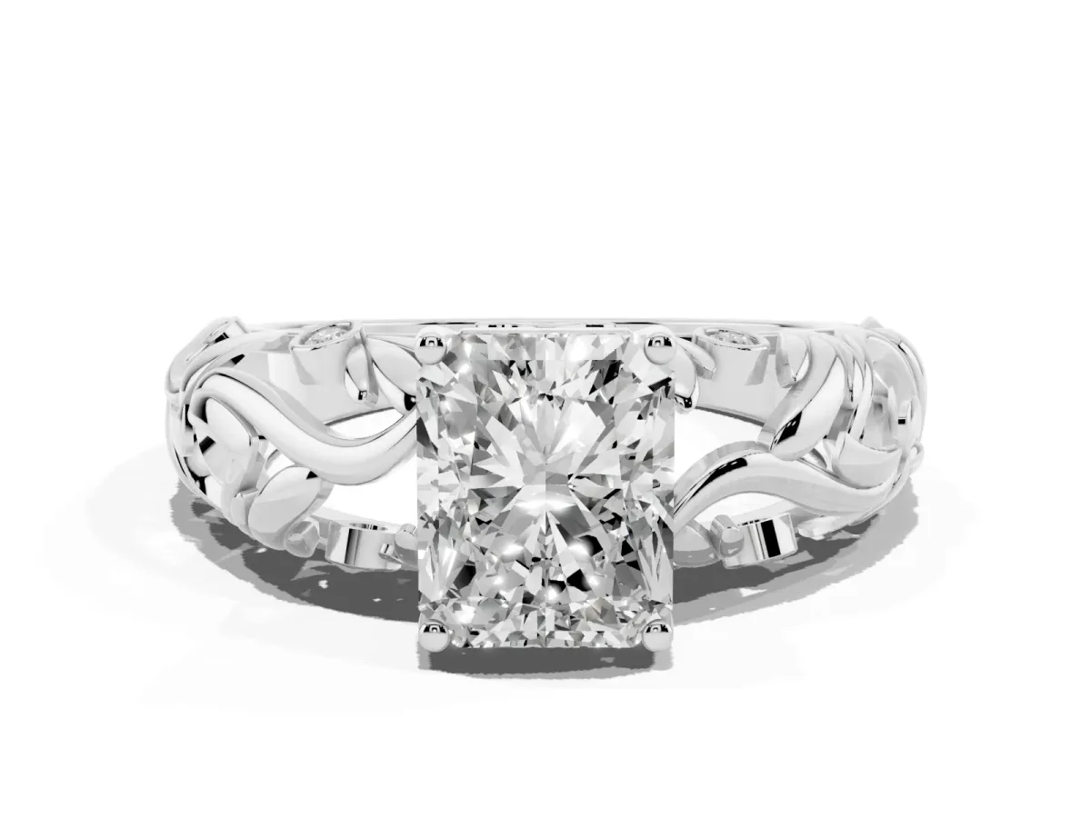 Radiant Cut Solitaire Diamond Leaf-Inspired Vine Band Ring with Prong Setting Silver