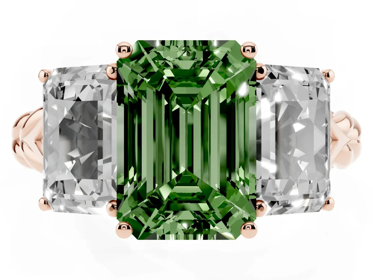 Fancy Green Three-Stone Radiant Cut Diamond Braided Band Ring with Four-Prong Setting Rose gold