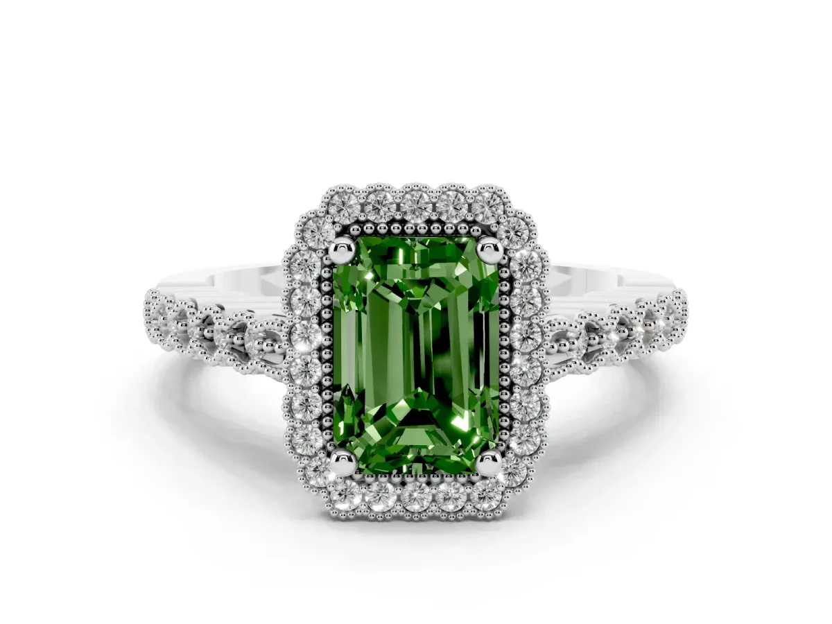 Fancy Green Radiant Cut Cut Halo Pavé Solitaire Ring with Milgrain Band Platinum