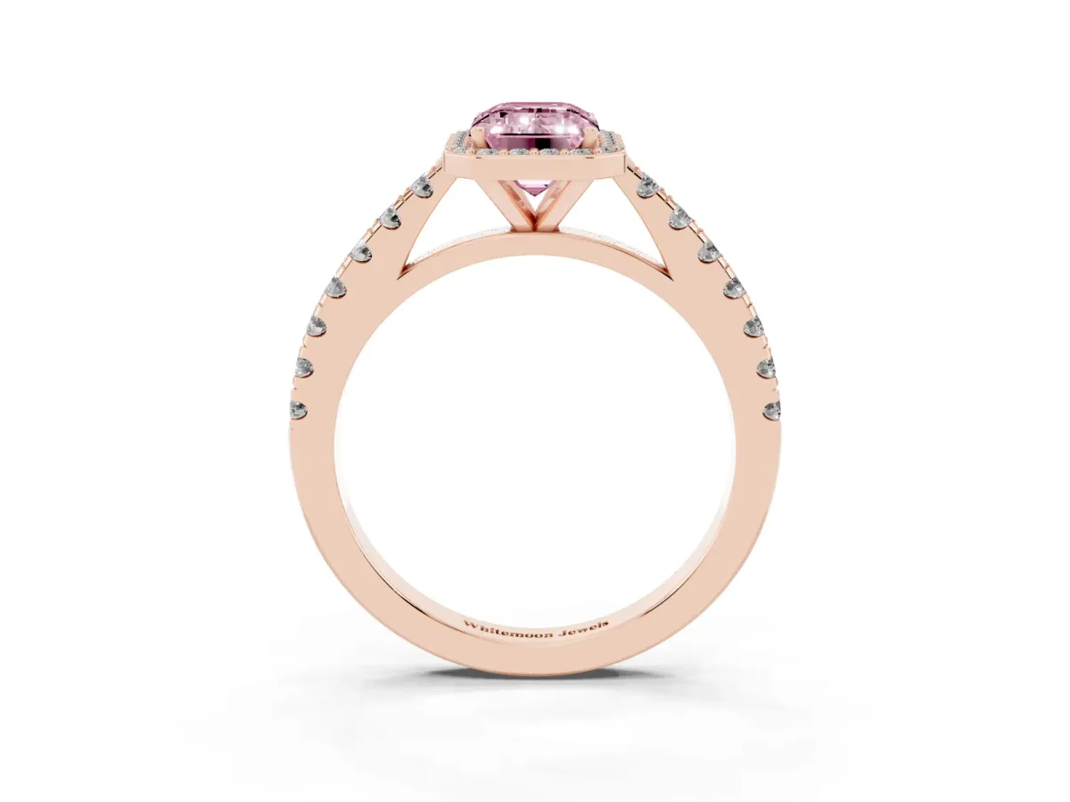 Fancy Pink Emerald Cut Cut Halo Diamond Engagement Ring with Pave Band and Four-Prong Setting Rose gold