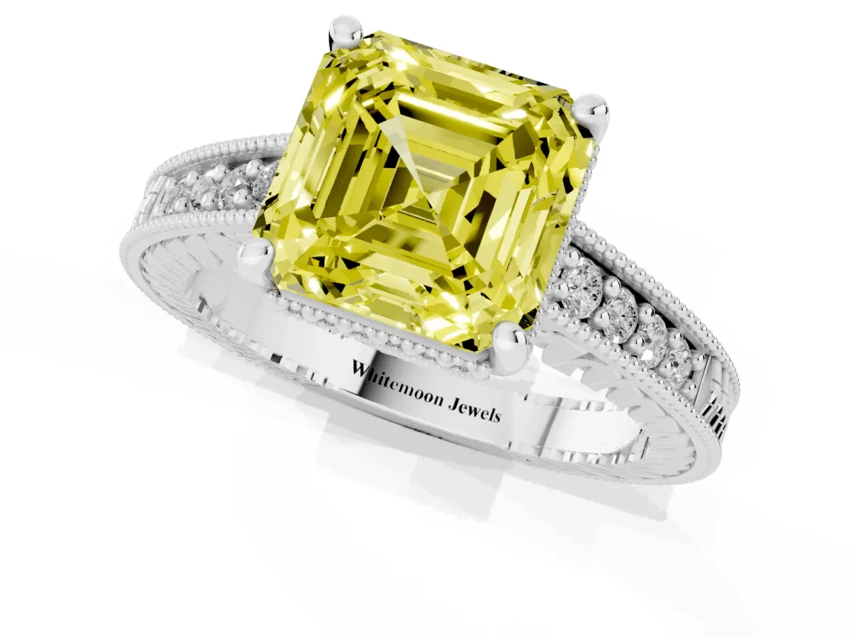 Fancy Yellow Asscher Cut Solitaire Pavé Diamond Milgrain Engagement Ring with Four-Prong Setting Silver